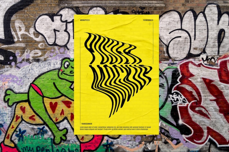 PSD mockup di poster sgualcito sul muro di graffiti colorati