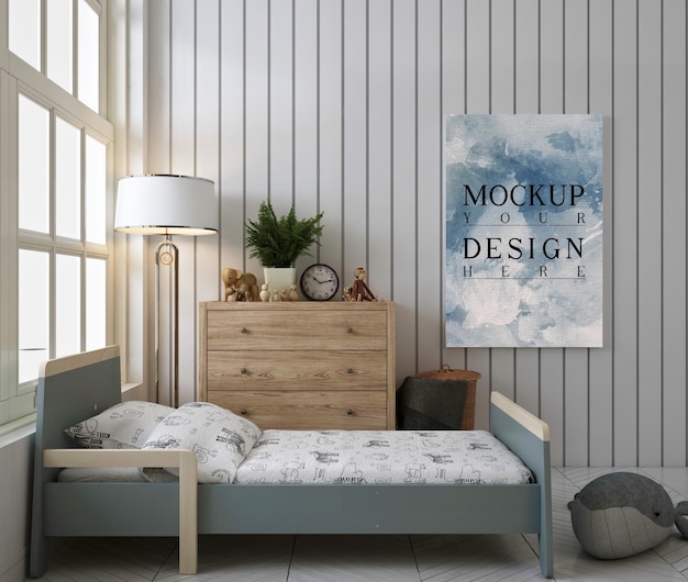 Mockup di poster sul muro in camera da letto carino e simpekids