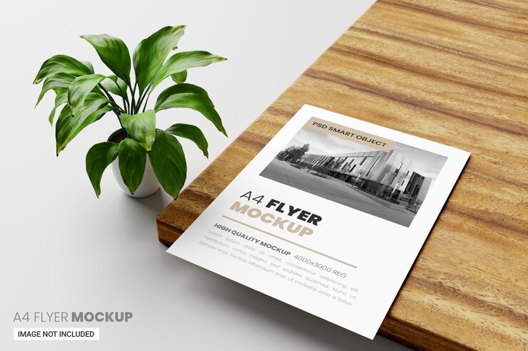 Mockup di poster volantino A4 in rendering 3D con foglia verde e sfondo in legno