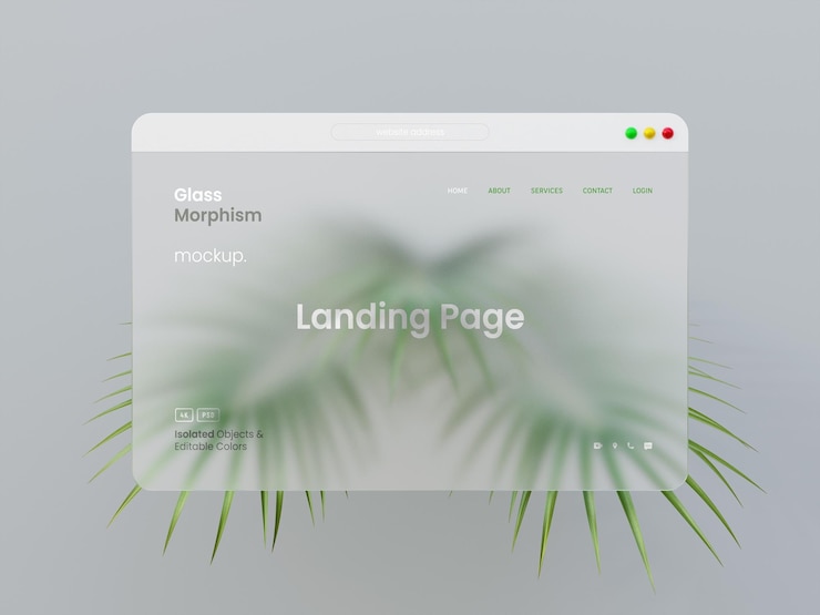 PSD mockup di presentazione dell'interfaccia web 3d con effetti di morfismo di vetro e foglie di palma