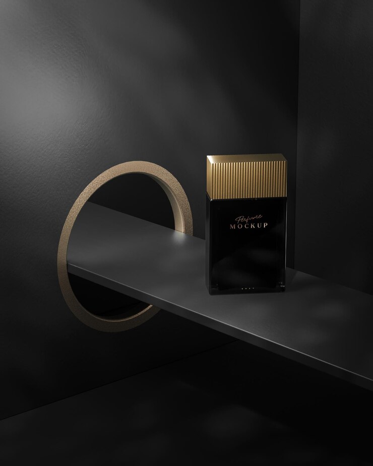 Mockup di prodotto con logo di profumo nero di lusso su sfondo nero astratto rendering 3d