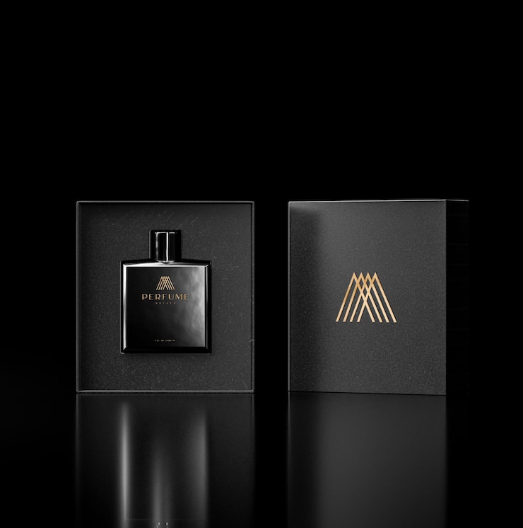Mockup di profumo nero con scatola nera per la visualizzazione del logo del prodotto su sfondo nero rendering 3d