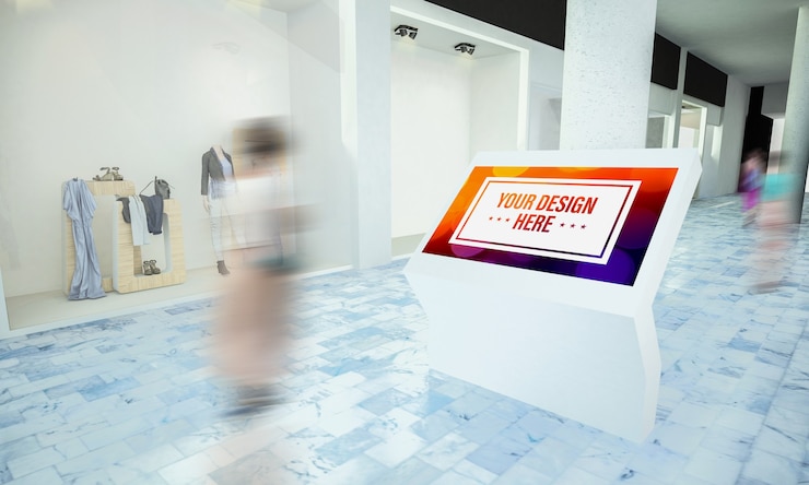 PSD mockup di punto informazioni touchscreen al centro commerciale in rendering 3d
