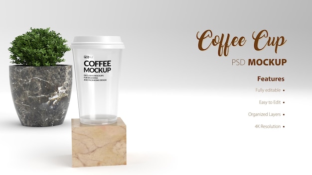 mockup di qualità premium-pronto-all'uso-una-tazza-di-plastica-tazza-usa e getta-con-pianta-del-caffè