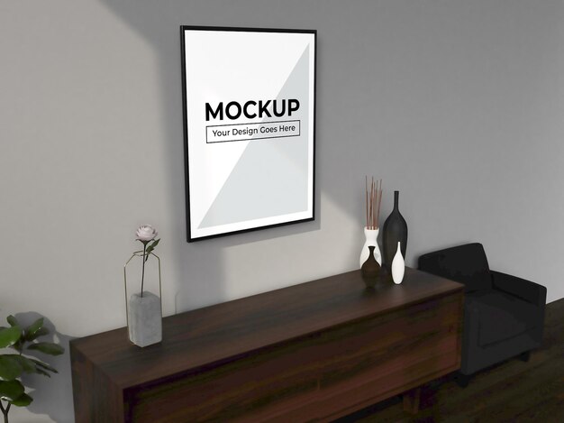 Mockup di rendering 3D del telaio in soggiorno con mobili