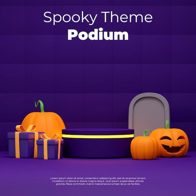 mockup di rendering 3d podio cilindro viola di halloween in piazza con zucca, tomba e confezione regalo