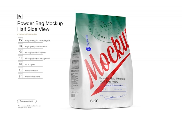 Mockup di sacchetti di polvere con vista laterale da 6 kg