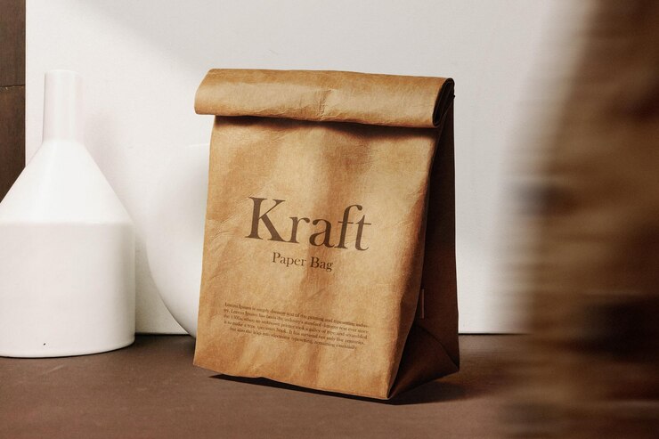 Mockup di sacchetto di carta kraft minimo pulito su sfondo con file PSD di sfocatura dell'oggetto
