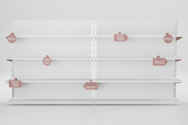 Mockup di scaffale per l'inserimento di prodotti nell'illustrazione di rendering 3d