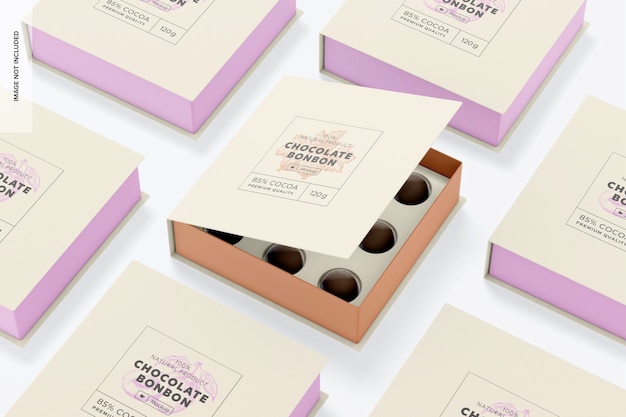 Mockup di scatola di lusso con bonbon al cioccolato, mosaico