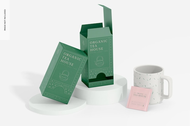 Mockup di scatola dispenser per tè, inclinato