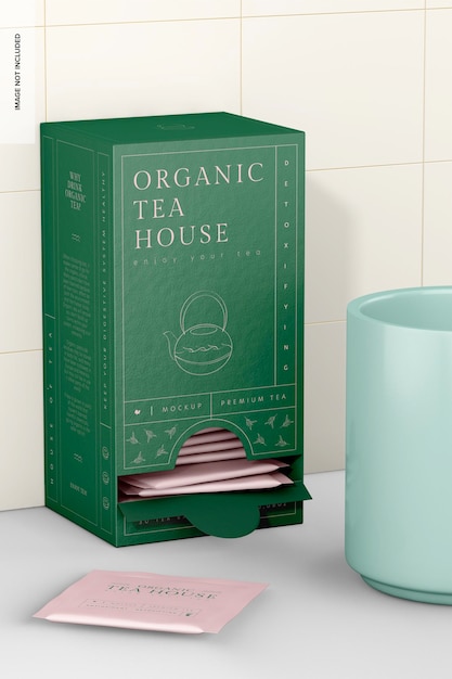 Mockup di scatola dispenser per tè, vista a sinistra