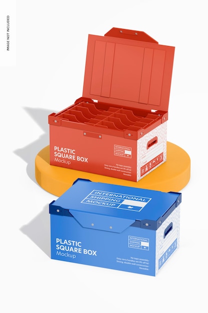 Mockup di scatole quadrate di plastica aperto e chiuso