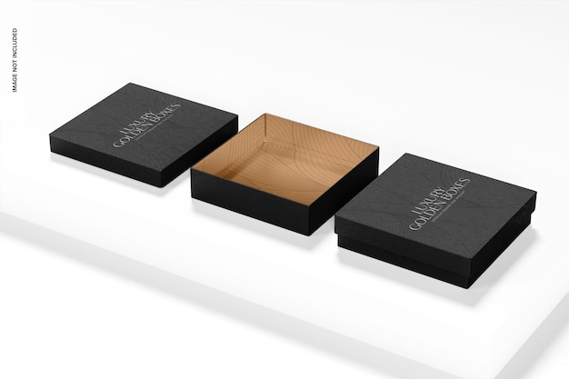 Mockup di scatole quadrate premium, aperte e chiuse