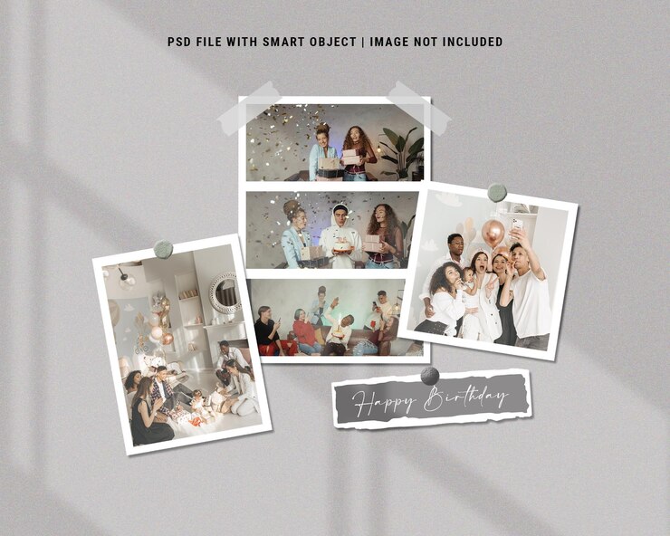 Mockup di set di cornici per foto di buon compleanno Psd Premium