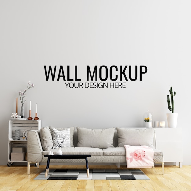 Mockup di sfondo muro interno soggiorno con mobili e decorazioni