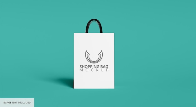 Mockup di shopping bag in carta bianca con vista frontale su sfondo verde acqua
