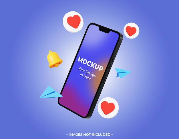 Mockup di smartphone 3d con icona di amore e campana