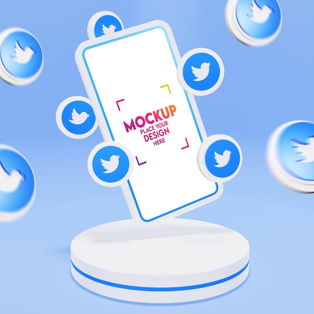 Mockup di smartphone 3D con icona di twitter Modello di social media