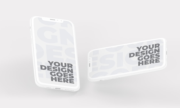 Mockup di smartphone bianco galleggiante in posizione verticale e orizzontale