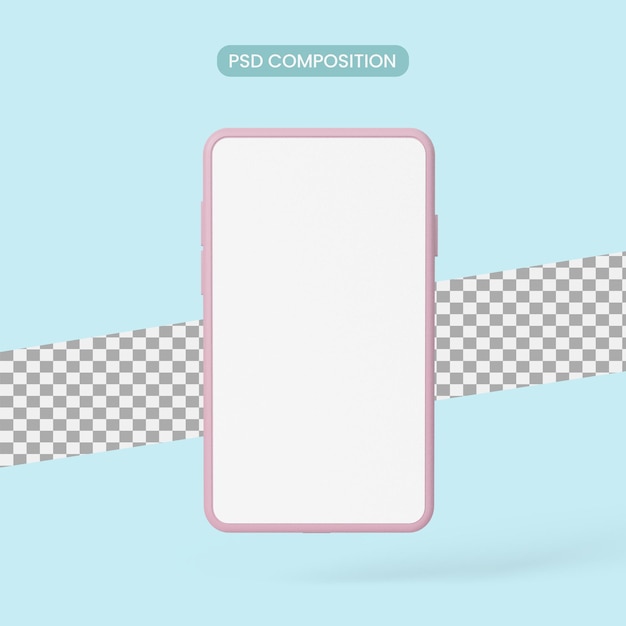 Mockup di smartphone con schermo bianco vuoto su sfondo rosa. Rendering 3D
