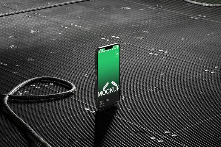 PSD mockup di smartphone con schermo verde e cavo