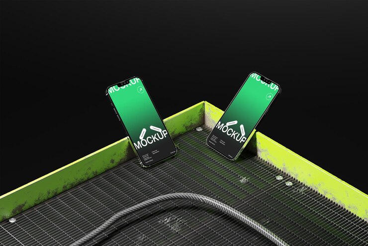 PSD mockup di smartphone con schermo verde e presentazione angolare