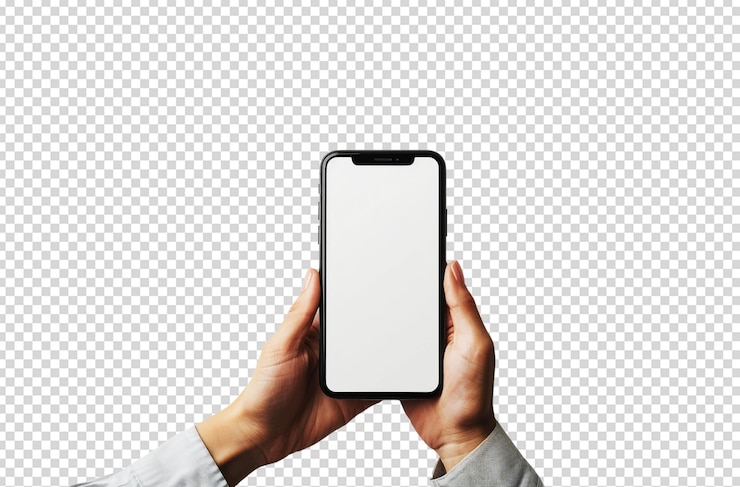 PSD mockup di smartphone con sfondo trasparente mano femminile tiene un telefono cellulare con schermo vuoto