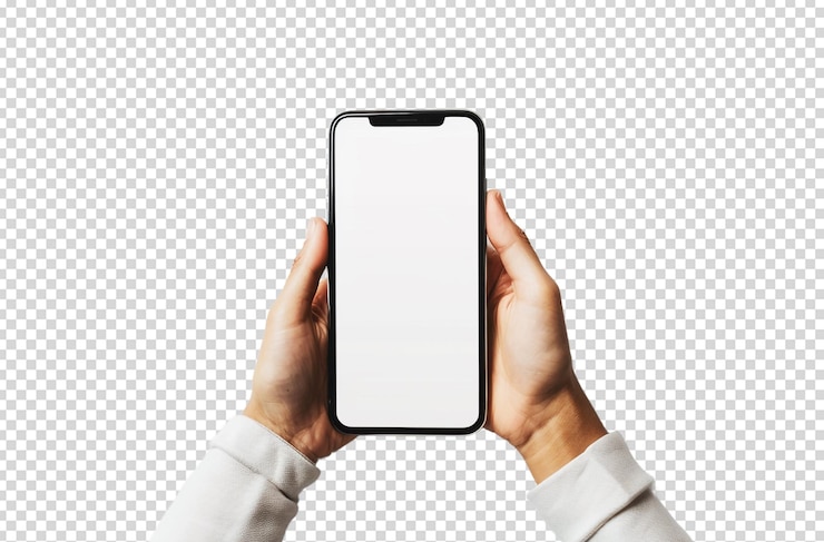 PSD mockup di smartphone con sfondo trasparente mano femminile tiene un telefono cellulare con schermo vuoto