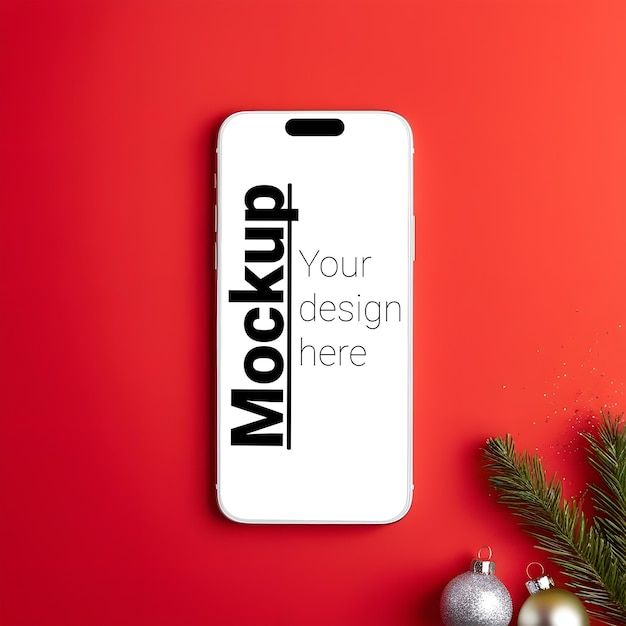 Mockup di smartphone natalizio su sfondo rosso brillante