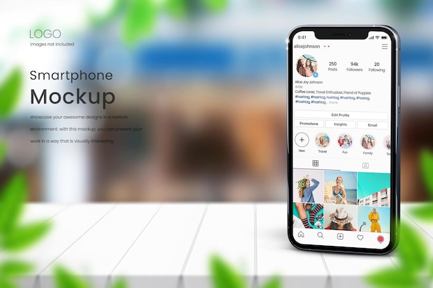 Mockup di smartphone realistico per mostrare post di instagram e social media