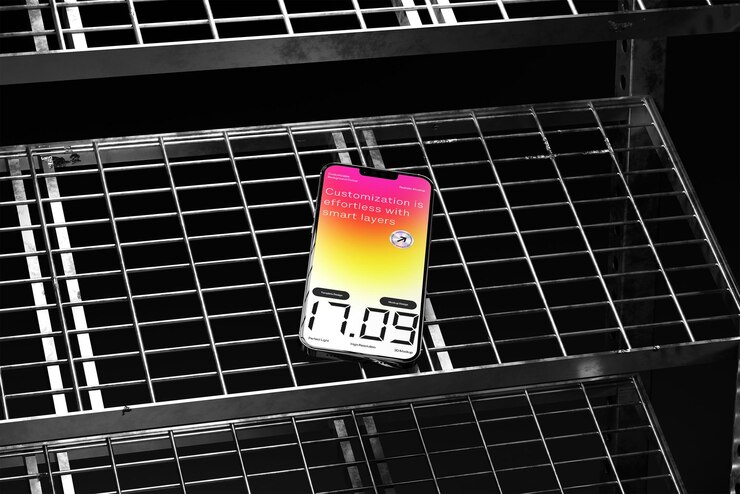 PSD mockup di smartphone su uno scaffale di filo industriale