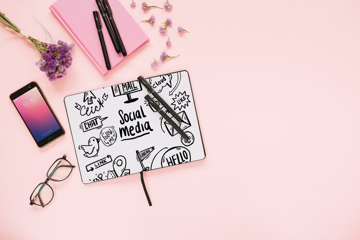 PSD mockup di social media e internet con libretto o copertina