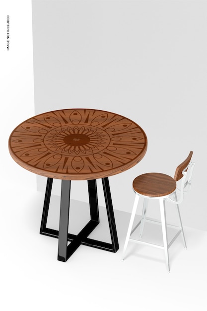 Mockup di tavolo rotondo in legno, con sedia
