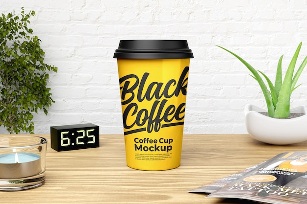 Mockup di tazza di caffè giallo con sfondo di muro di mattoni bianchi