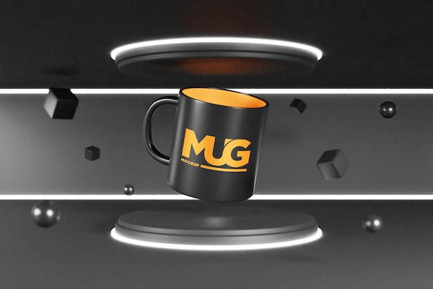 Mockup di tazza sul mini podio con luce al neon