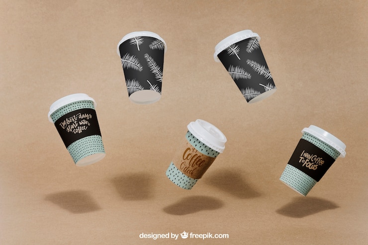 PSD mockup di tazze di caffè volanti