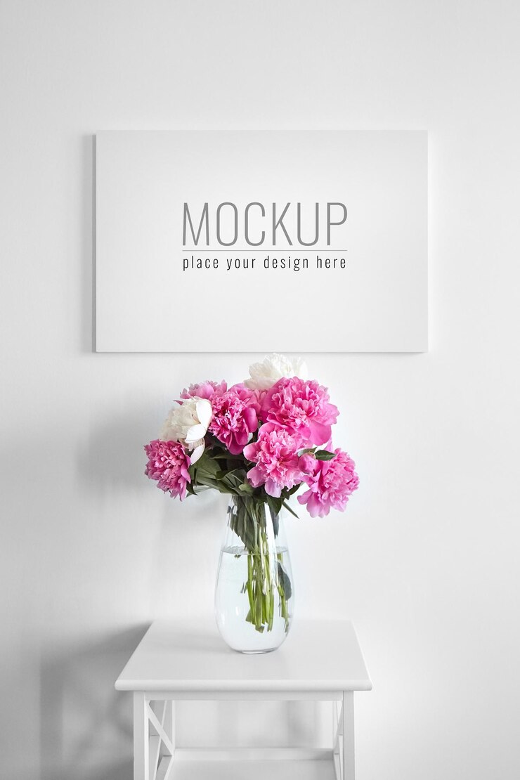 Mockup di tela appeso al muro bianco e vaso con fiori rosa