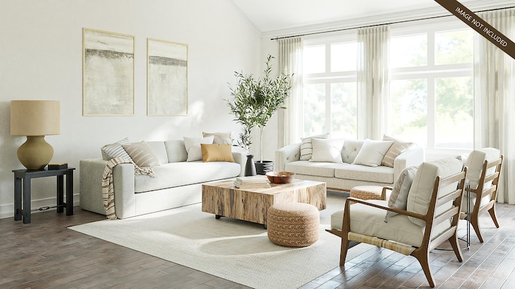 Mockup di tela da parete per soggiorno con divano e tavolo decorato