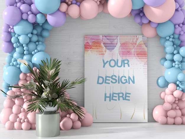 Mockup di tela decorato con palloncini di colore diverso