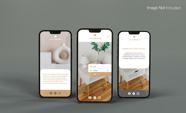 Mockup di telefoni realistici con vista laterale su uno schermo grigio rendering isolato PSD
