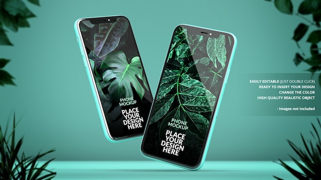 Mockup di telefoni su uno sfondo verde con piante