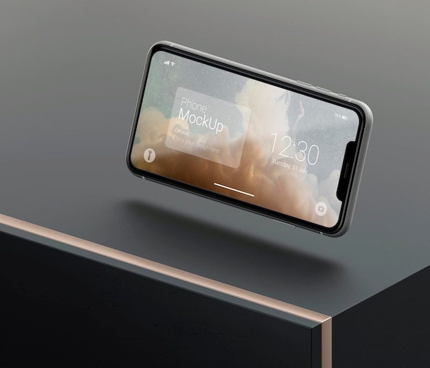 Mockup di telefono a levitazione scuro e rame