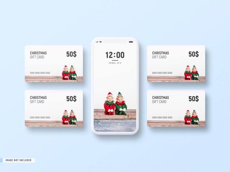 Mockup di telefono minimalista decorativo con carte regalo di Natale