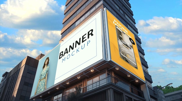 Mockup di un cartellone pubblicitario su un edificio moderno in un ambiente urbano