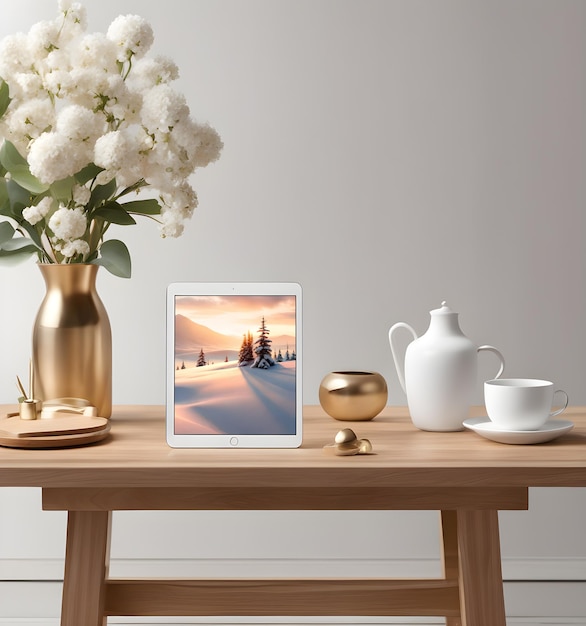 Mockup di visualizzazione del tablet per computer digitale bianco posizionato su un tavolo di legno con vaso di fiori