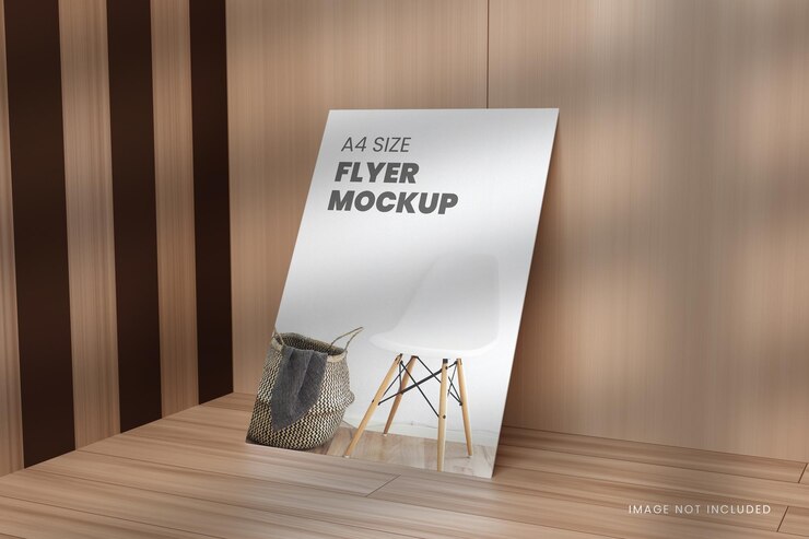 Mockup di volantino poster A4 in rendering 3d con sfondo in legno