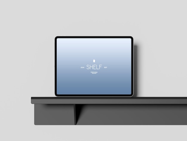 Mockup de dispositivo de tableta minimalista en el estante contra la pared blanca