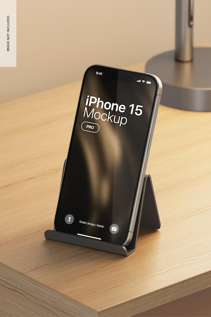 Mockup do iPhone 15 Pro na mesa de cabeceira Visão direita