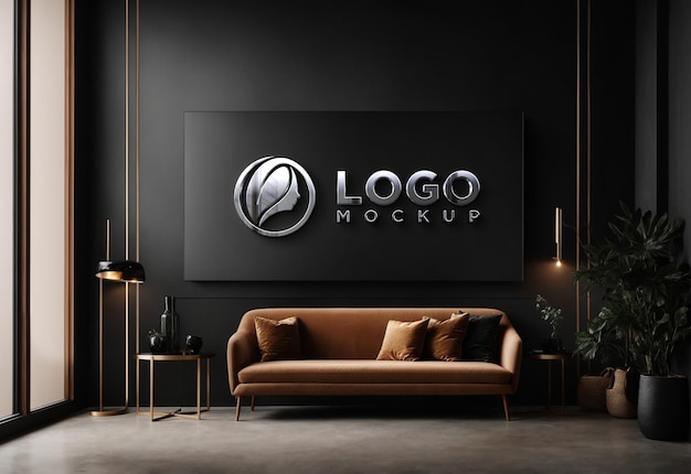 PSD mockup du logo du mur noir en chrome réaliste